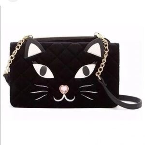 Betsey Johnson Convertible Kitty Cat Velvet Crossbody Bag Black